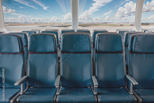 front view of row of empty blue gray seats in plane at airport with blue sky and some clouds in background window, generative AI