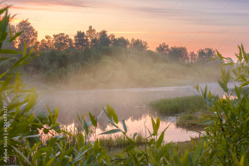 Foggy morning on the river. Morning fog shrouds the trees on the shore and floats above the surface of the water. Sunrise on the river. Picturesque landscape of Russian nature. Foggy morning on the river. Morning fog shrouds the trees on the shore and floats above the surface of the water. Sunrise on the river. Picturesque landscape of Russian nature.