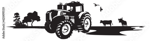Illustration Landschaft mit Traktor und Kühen photo