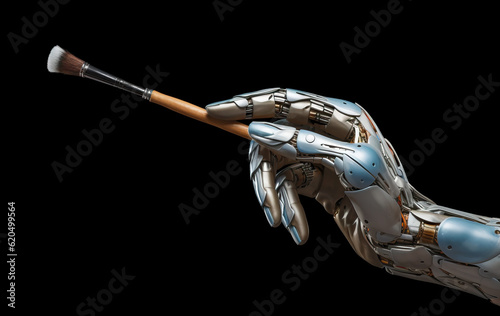 Metal robot's hand holding a paintbrush isolated on black background. Concept of computer generated art