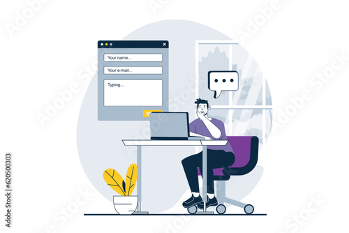 Feedback page concept with people scene in flat design for web. Man giving review and filling webpage form with client experience. Vector illustration for social media banner, marketing material.