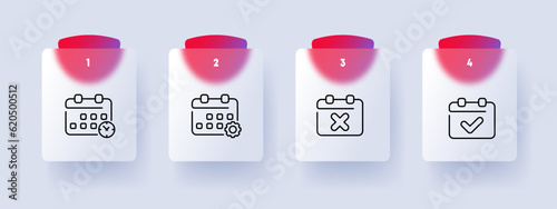 Calendar line icon. Holiday, tick, cross, gear, timer, delayed message, weekend, diary. Pastel color background. Vector line icon for business