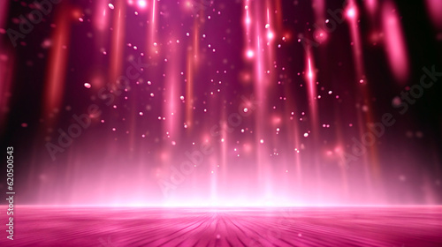 Empty pink festive stage with light beams and shines glow, background with copy space for award ceremony, jubilee or product presentations. Generative AI