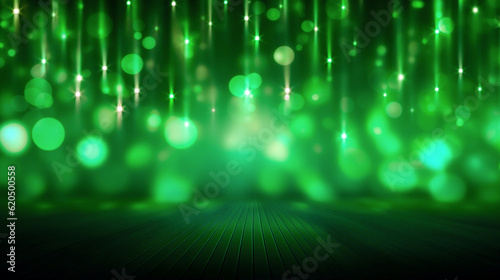 Empty green and gold festive stage with light beams and shines glow, background with copy space for award ceremony, jubilee or product presentations. Generative AI