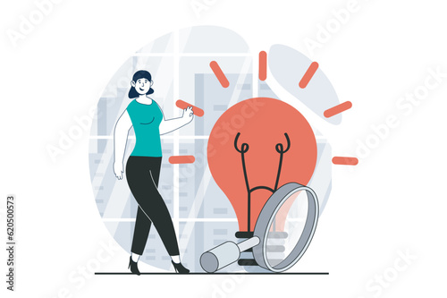 Finding solution concept with people scene in flat design for web. Woman doing research, brainstorming and creates improvement ideas. Vector illustration for social media banner, marketing material.
