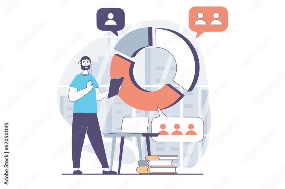 Focus group concept with people scene in flat design for web. Man works with pie chart with different data, analyzing target audience. Vector illustration for social media banner, marketing material.