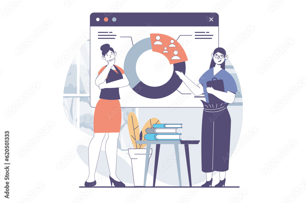 Focus group concept with people scene in flat design for web. Women works with pie chart presentation and analyzing target audience. Vector illustration for social media banner, marketing material.