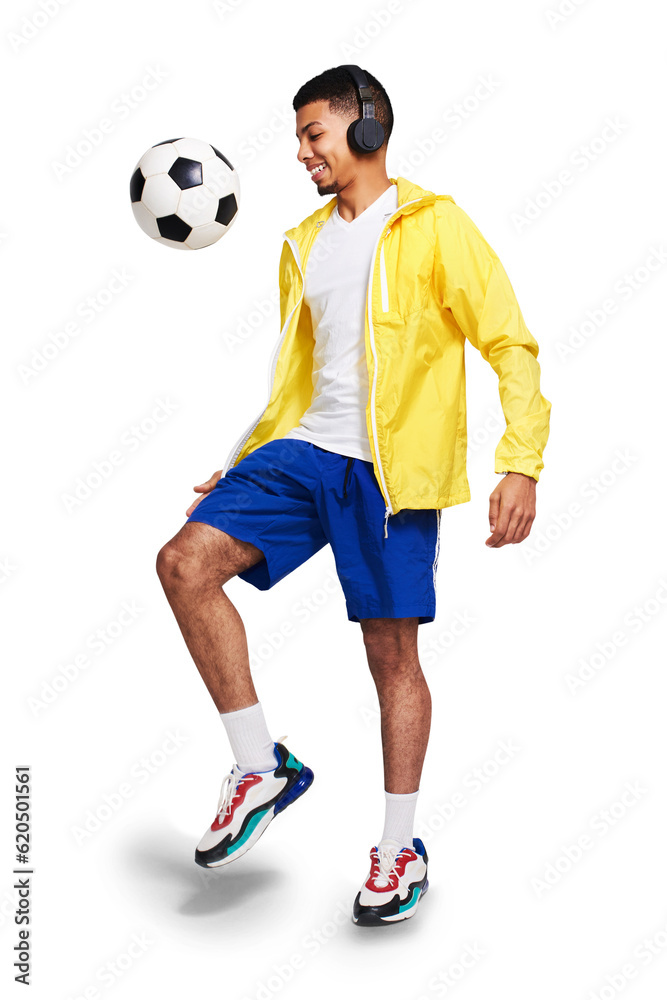 Isolated young man, juggle soccer ball and headphones with music by transparent png background. Happy football player, kick and listening with audio tech with streaming service, fitness and sports
