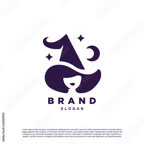 Print op canvas negative space lady witch logo design for your brand or business