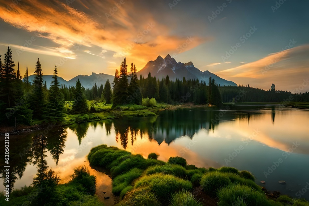 Fototapeta premium sunset over lake