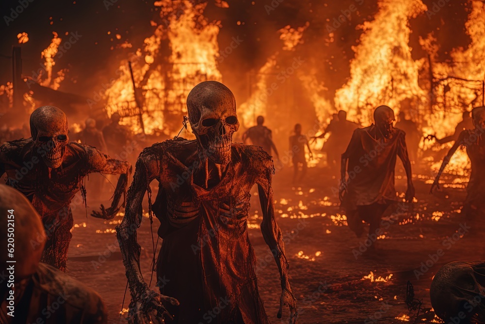 Zombies engulfed in flames depicting a post Generative AI
