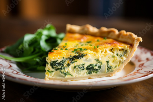 Obraz na płótnie Slice of traditonal homemade spinach chicken quiche tart or pie on plate