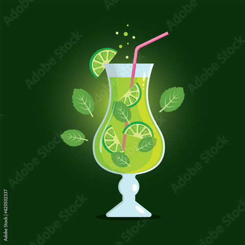 Vector image of a glass of mojito with lime and mint for design, print on a t-shirt, banners