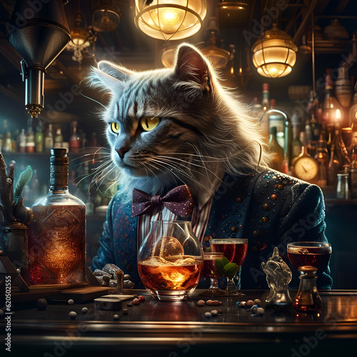 Cat Bartender serving a glass of an alcohol drick at the bar counter. Amazing digital illustration. CG Artwork Background photo