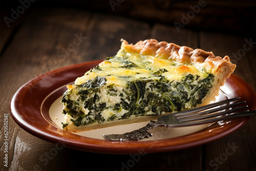 Slice of traditonal homemade spinach chicken quiche tart or pie on plate photo