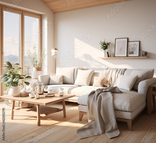 Living room interior with sofa and coffee table. 3d render.