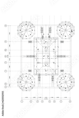 Rooftop detailed architectural drawing, vector blueprint	
