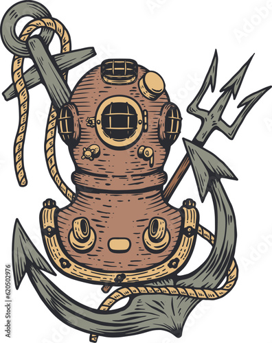 Vintage diver helmet with anchor. Nautical dive helmet with anchor. Design element