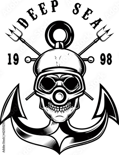 Vintage diver skull with anchor and tridents. Nautical sailor skull with anchor. Sailor emblem. Design element