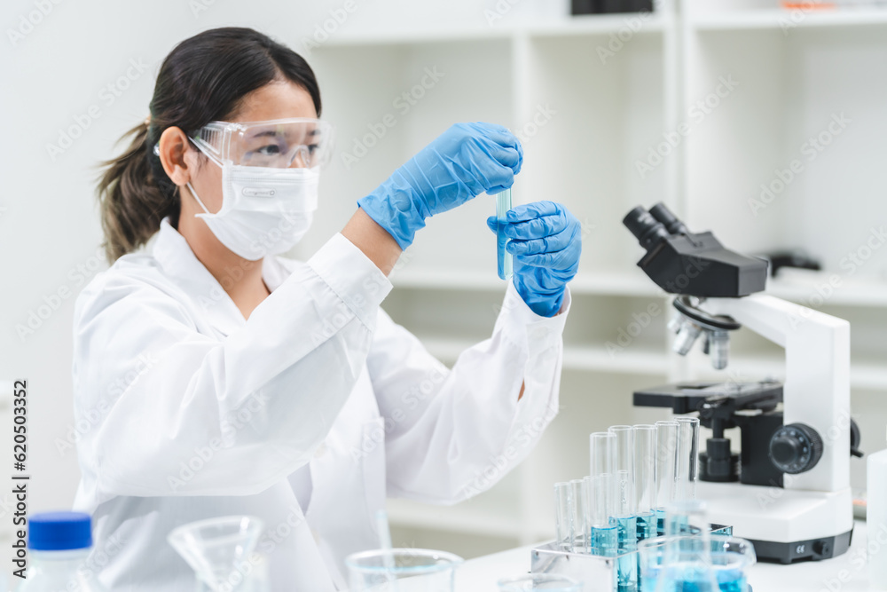 medicine research in chemical laboratory, chemist scientist working with liquid experiment test analysis by using scientific tube beaker glassware, chemistry science pharmaceutical medical lab concept