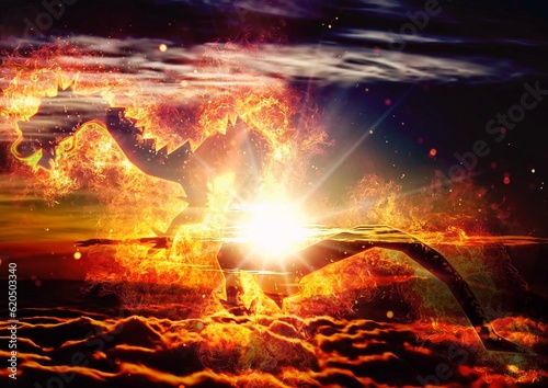 3d illustration of a fire dragon rising in the sky with the sun in the background