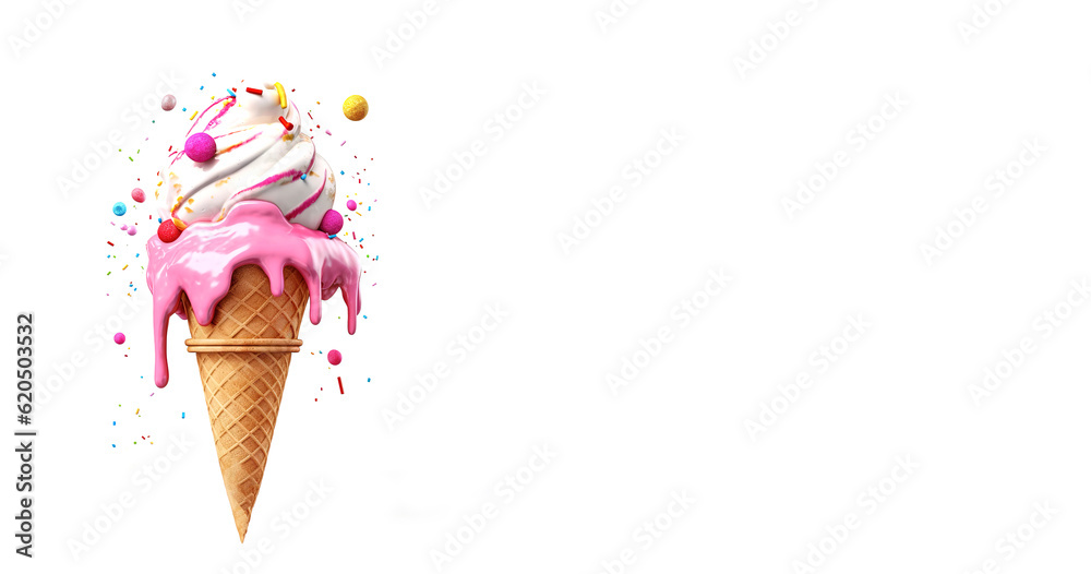 Ice cream in a waffle cone on a white background with space for text. Realistic waffle cone with frozen dessert. Generative AI Ice cream in a waffle cone on a white background with space for text. Realistic waffle cone with frozen dessert. Generative AI