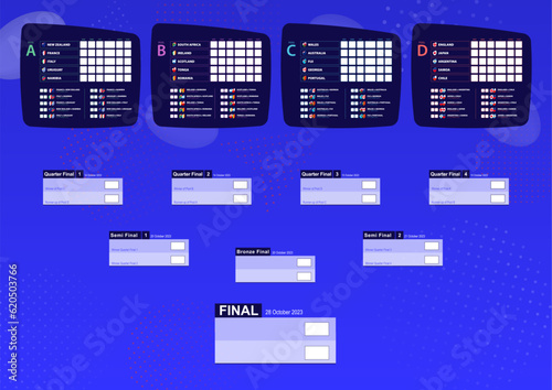 Vector match schedule of rugby tournament, all matches date. Size A2 ready for print.