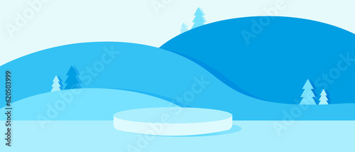 White cylinder Podium on blue nature mountains landscape in Cut out paper style. 3d Paper cut template for Advertising banner with base. Vector illustration. 