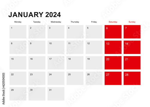 2024 January planner calendar design. Week starts from Monday.