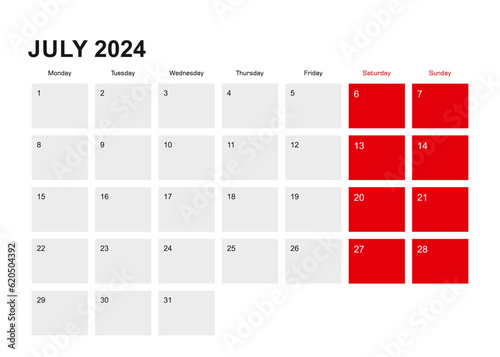 2024 July planner calendar design. Week starts from Monday.