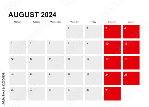 2024 August planner calendar design. Week starts from Monday.