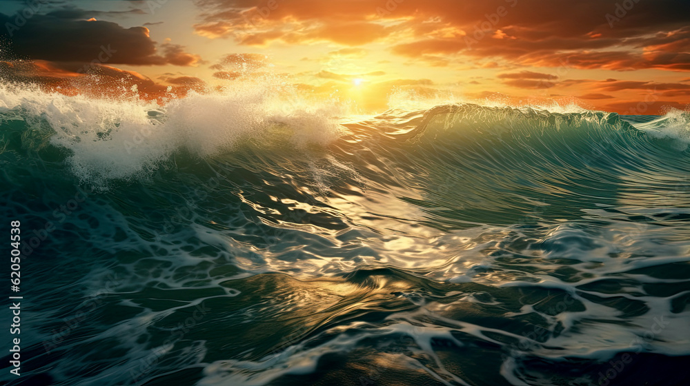 Beautiful panoramic view of the sunset in the open ocean. Illustration for photo wallpaper, background image. Amazing seascape. Generative AI