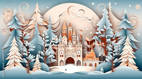 Winter Christmas landscape with a house and snow, paper cut illustration style.