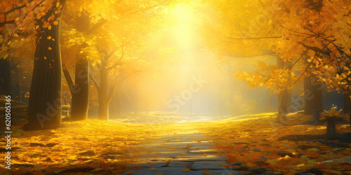 Landscape panorama of serene autumn park with a bright sunlit pathway lined by golden trees