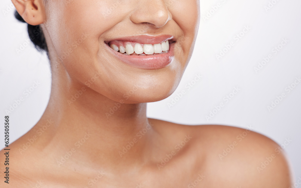 Closeup, mouth and woman with skincare, dermatology and grooming against a white studio background. Zoom, female person and model with a smile, lips and smooth skin with a glow, shine and dental care Closeup, mouth and woman with skincare, dermatology and grooming against a white studio background. Zoom, female person and model with a smile, lips and smooth skin with a glow, shine and dental care