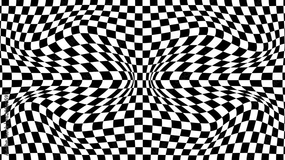 Psychedelic optical illusion. Abstract vector distorted background with black and white square cells. Op art pattern textures. Psychedelic optical illusion. Abstract vector distorted background with black and white square cells. Op art pattern textures.