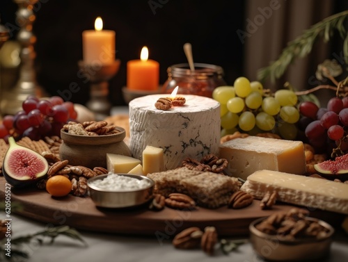 pâté arranged alongside a variety of cheeses, fruits, and nuts on a marble platter