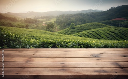 Blank Wooden Board Mockup with Green Tea Plantation Background, Perfect for Product Display and Decoration