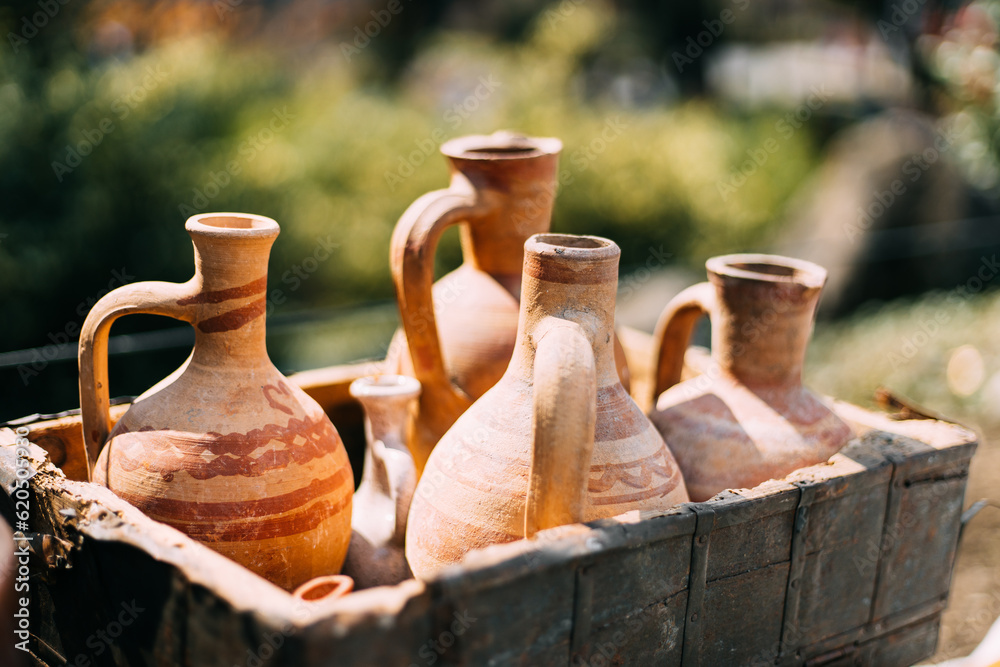 Set Of Traditional Georgian Clay Wine Jugs. Oriental Handmade Clay Jugs For Wine. Georgian Traditional Clay Vessel For Wine.