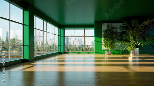 Interior empty light apartment with wooden parquet and green walls. Modern design. Big room with copy space. Generative AI  