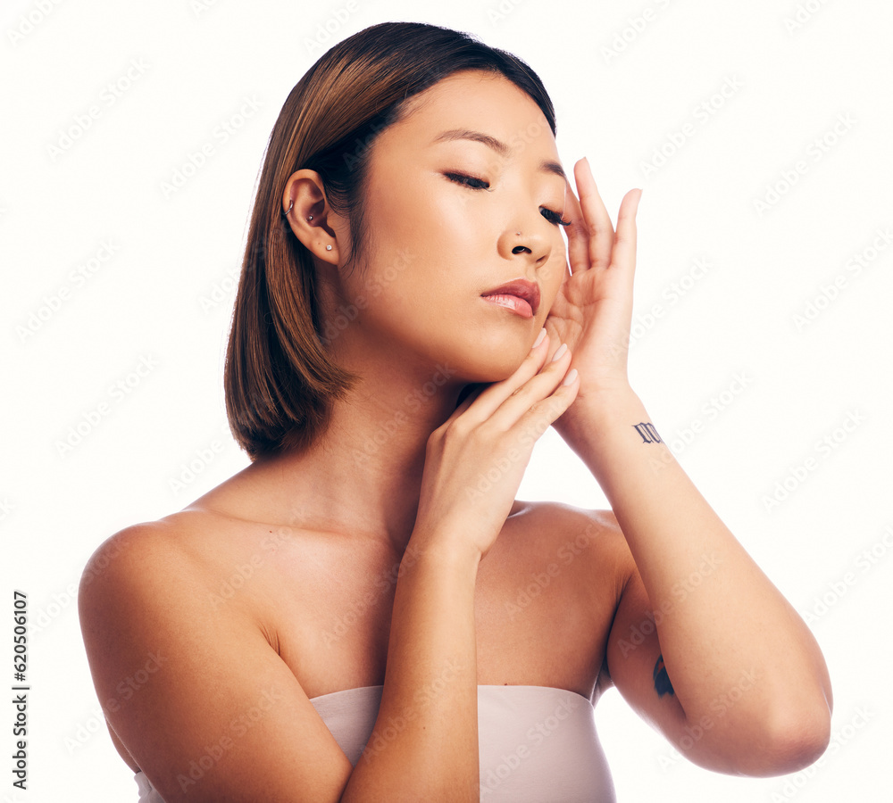 Skincare, beauty and face of Asian woman on a white background for wellness, spa and cosmetics. Dermatology, salon and isolated female person with perfect skin, satisfaction and facial care in studio Skincare, beauty and face of Asian woman on a white background for wellness, spa and cosmetics. Dermatology, salon and isolated female person with perfect skin, satisfaction and facial care in studio