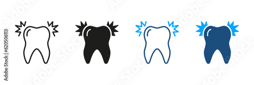 Teeth Pain, Tooth Ache, Sensitivity, Painful. Toothache Silhouette and Line Icon Set. Dentistry, Oral Healthcare Pictogram. Dental Treatment Symbol Collection. Isolated Vector Illustration