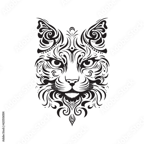 Cat face logo in tribal art tattoo style, silhouettes, line art