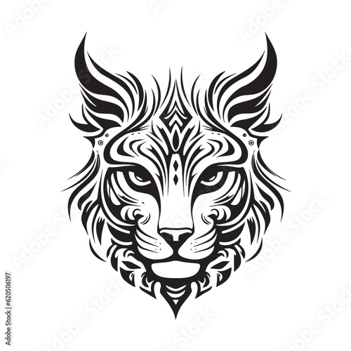 Cat face logo in tribal art tattoo style, silhouettes, line art