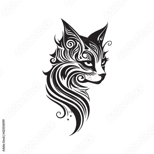 Cat face logo in tribal art tattoo style, silhouettes, line art