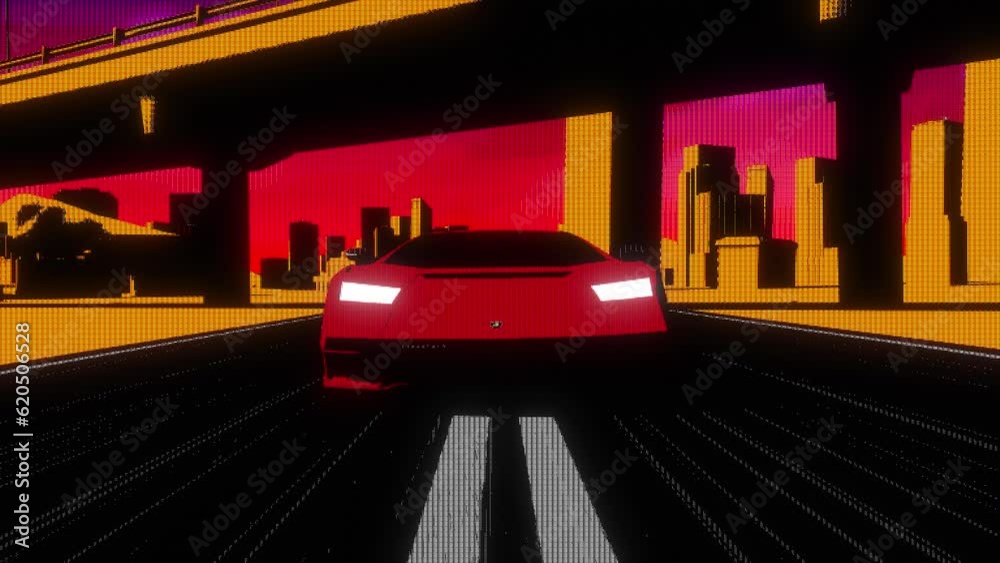 Retro car animation loop, car driving through the city
