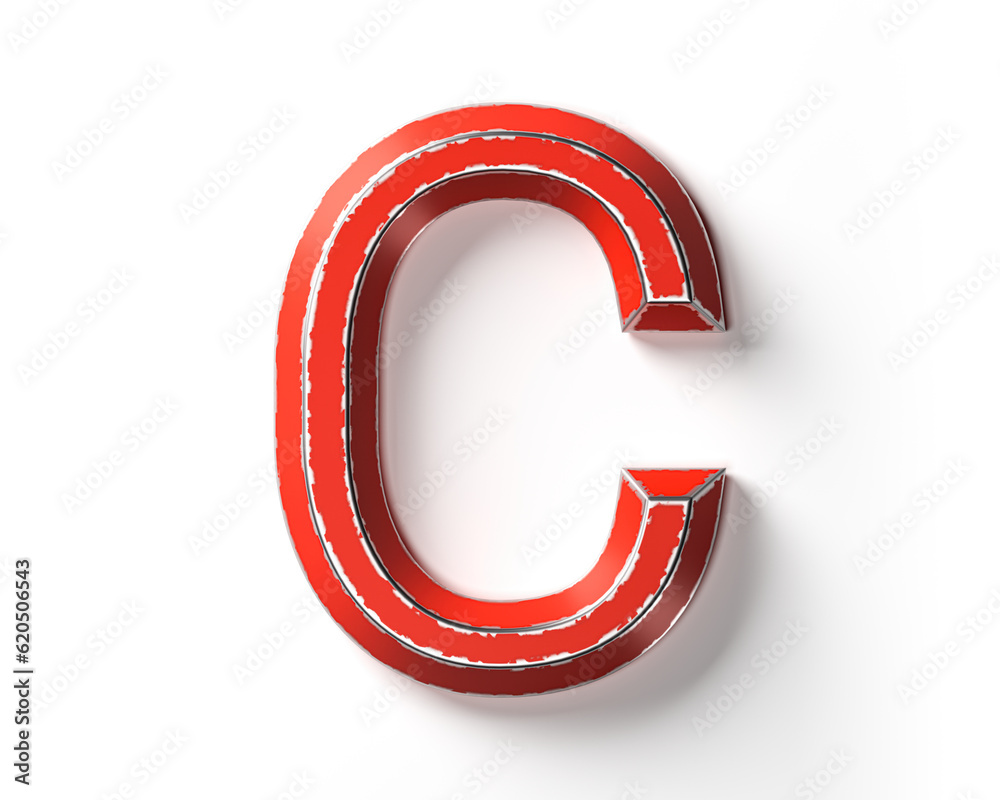 Letters made of red painted metal with scratched borders. 3d illustration of red iron alphabet isolated on white background Letters made of red painted metal with scratched borders. 3d illustration of red iron alphabet isolated on white background