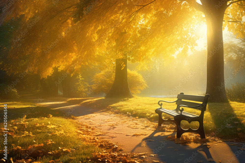 Solitary bench in autumn park with sunbeams falling through yellow trees creating soft golden mist