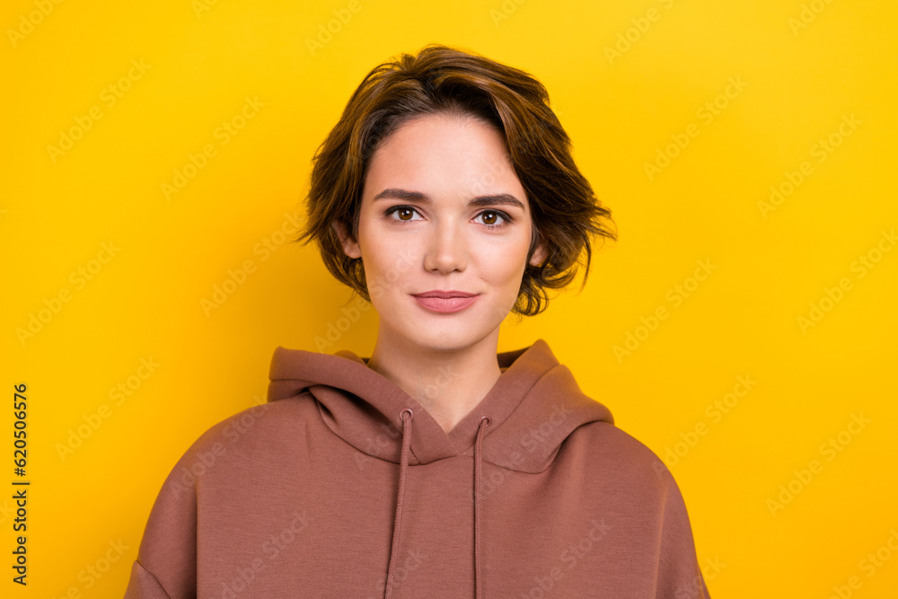 Closeup photo of young pretty lady have daily nude make up wear hoodie shirt isolated yellow bright color background Closeup photo of young pretty lady have daily nude make up wear hoodie shirt isolated yellow bright color background