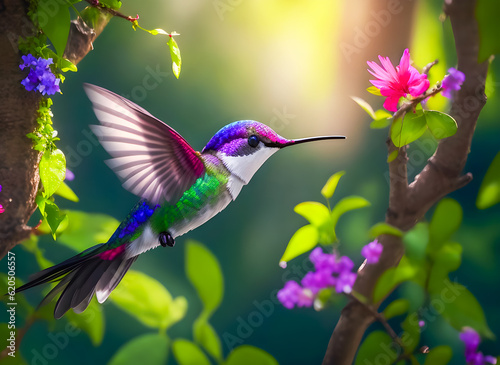 Hummingbird colorful in the wild nature. Generative AI